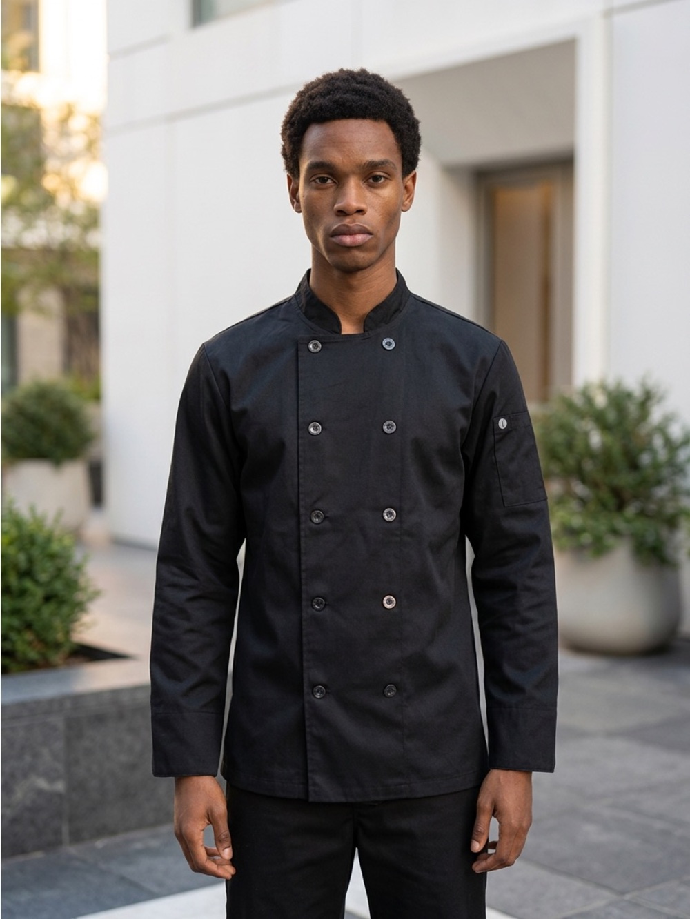 Men's Black Double-Breasted Chef Coat with Mandarin Collar